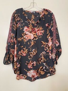 Maurices Dark Floral V-Neck Roll-Sleeve Tunic